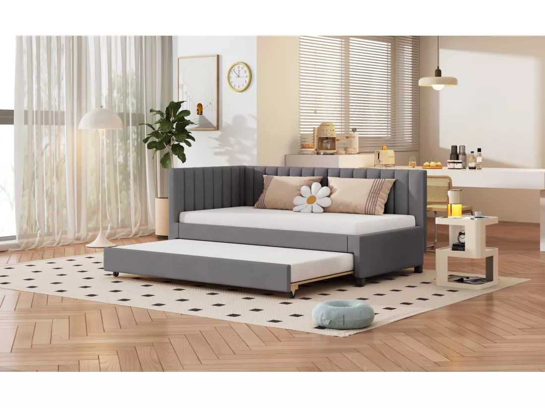 Lit gigogne 90 x 190/200 cm - canapé lit en velours - sommier à lattes - gris