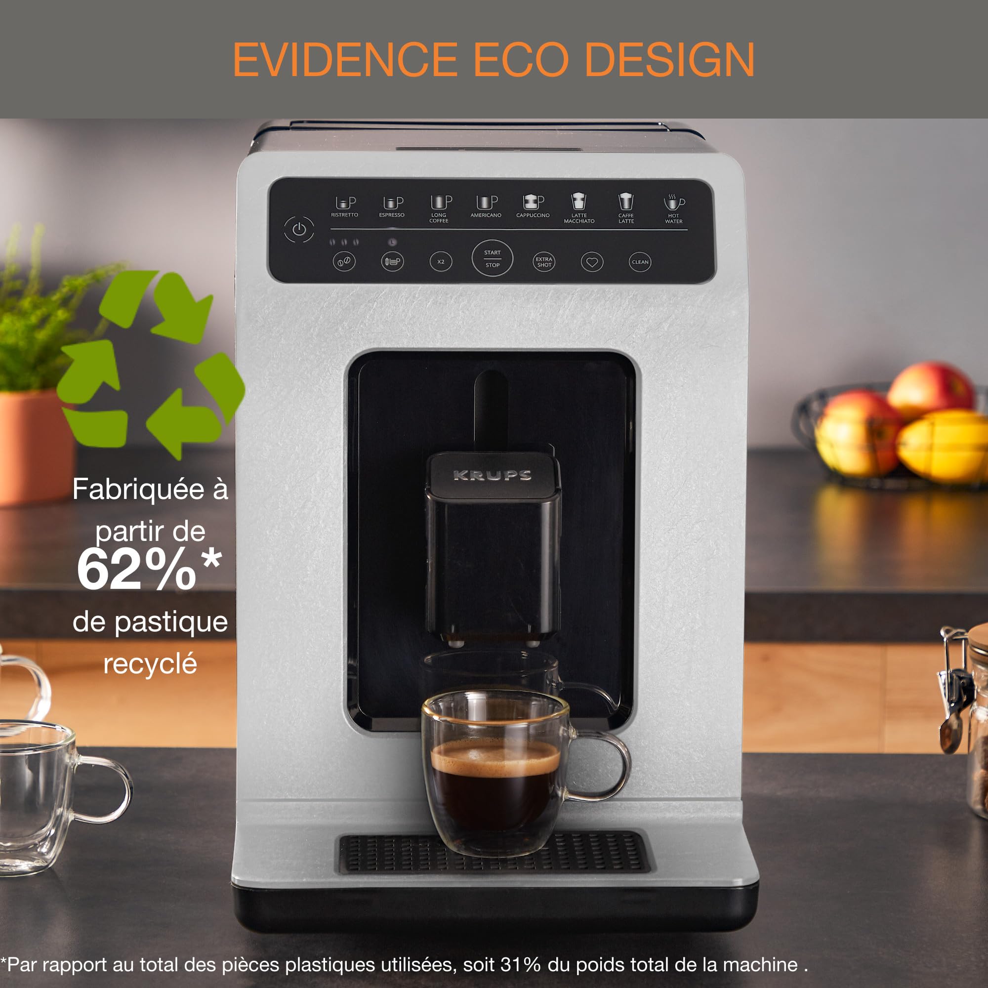 Machine cappuccino et expresso automatique KRUPS Evidence Eco-Design, goût exceptionnel, Quattro Force, boissons à base de lait grâce au système One-T