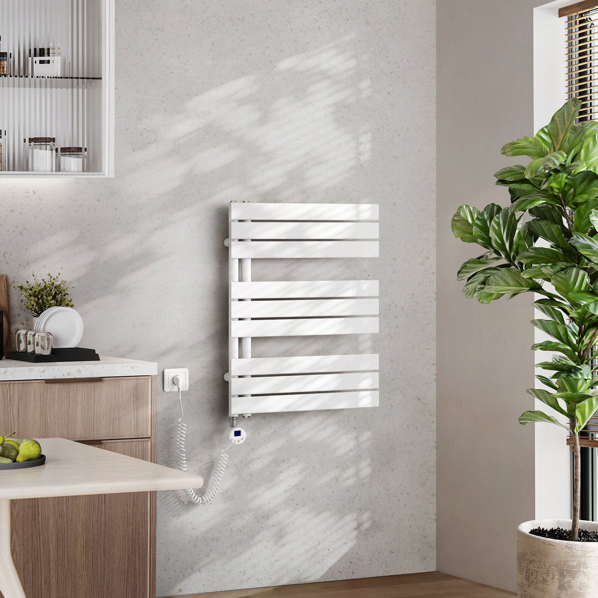 EMKE Elektrische Design Paneelradiator met Thermostaat en Timer voor Handdoekradiator, Zijdelings Open, Verticaal, 400 Watt, 60 cm x 76 cm, Wit