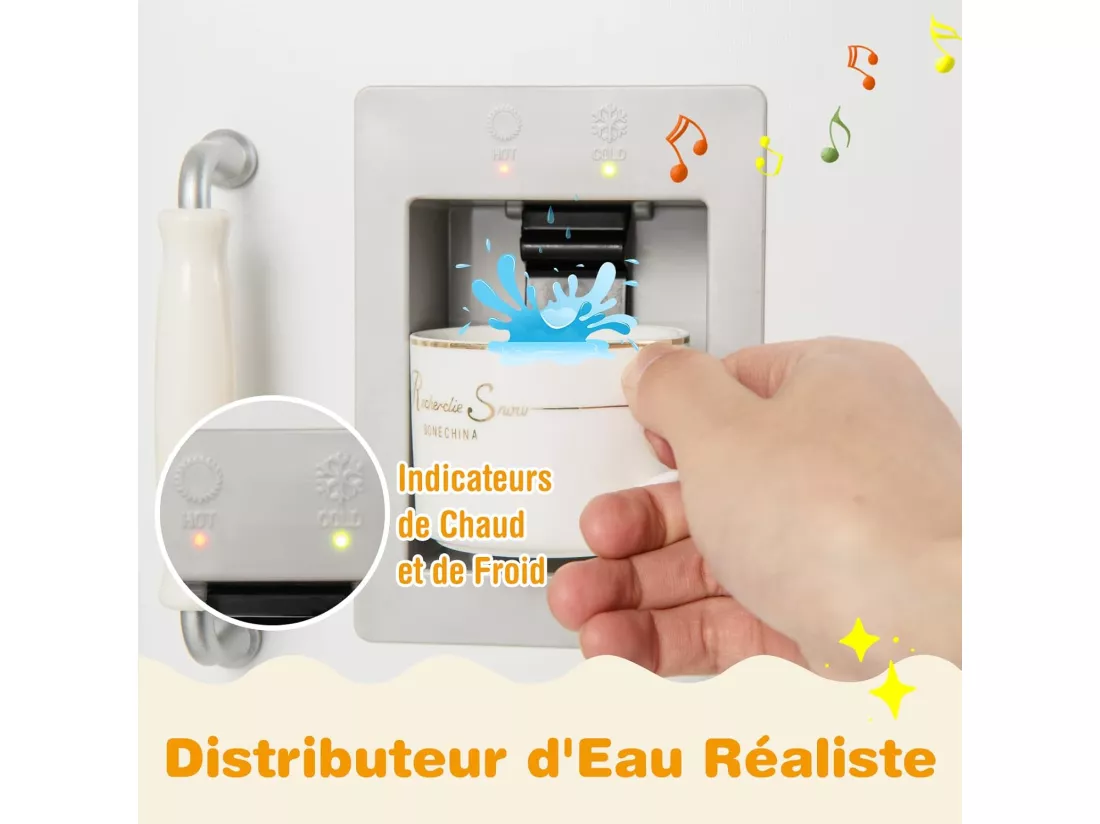 Cuisine d’Angle Enfants avec Réfrigérateur Séparé, Cuisinière de Jeu en Bois avec Distributeur d'eau, Evier, Hotte et Ustensiles, Jouet d’Imitation pour Tout-Petits de 3 Ans+