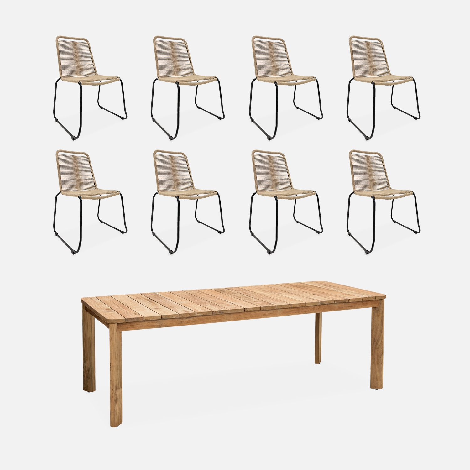 Table intérieur/extérieur 8 places en teck recyclé. Jayapura. 220x100x76cm + 8 chaises en corde brasilia beige . Empilables