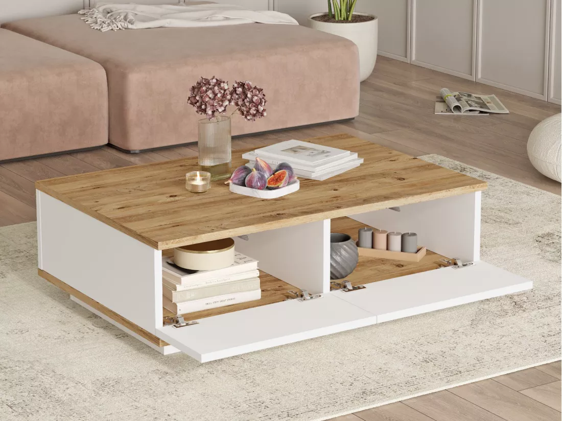 Table basse avec 2 portes - Naturel et Blanc - LOTULA