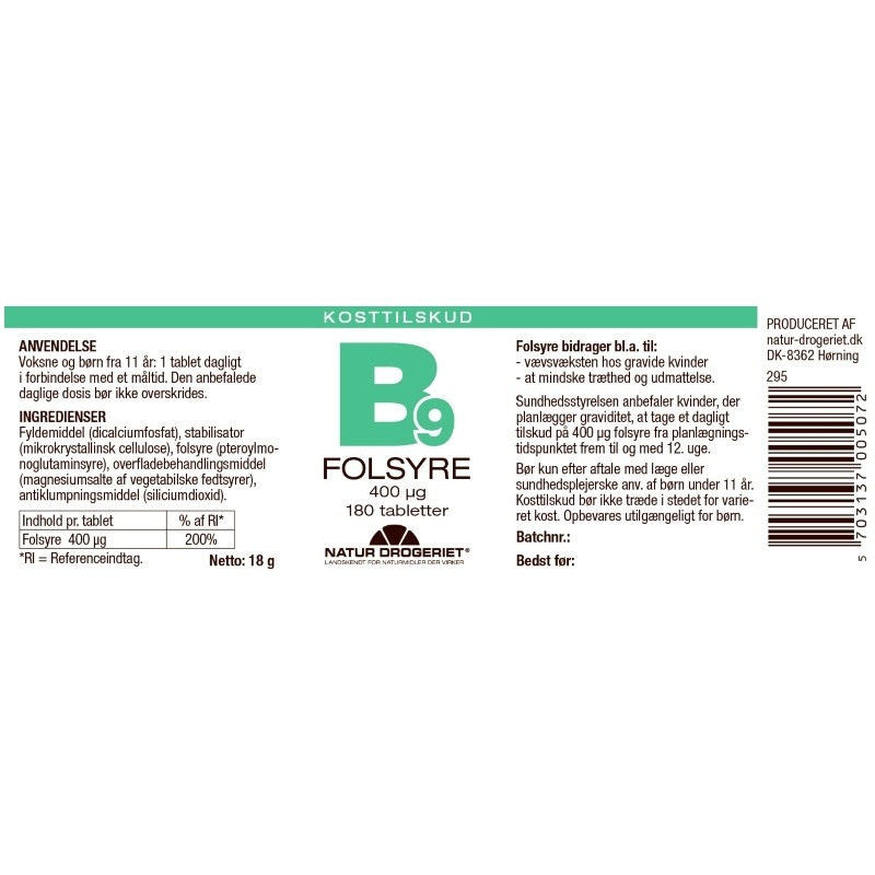 Natur Drogeriet B9 Folic Acid 400 ug 180 Pieces