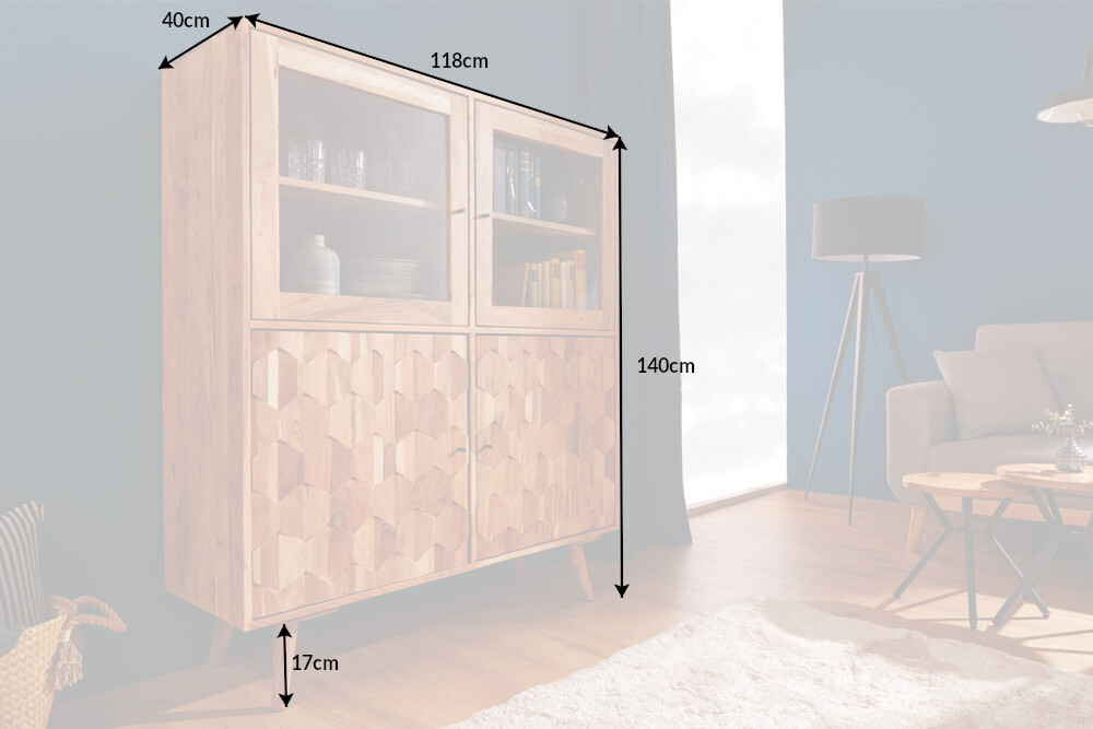 Massivholz Highboard MYSTIC LIVING 140cm Akazie natur Vitrine 3D-Oberfläche