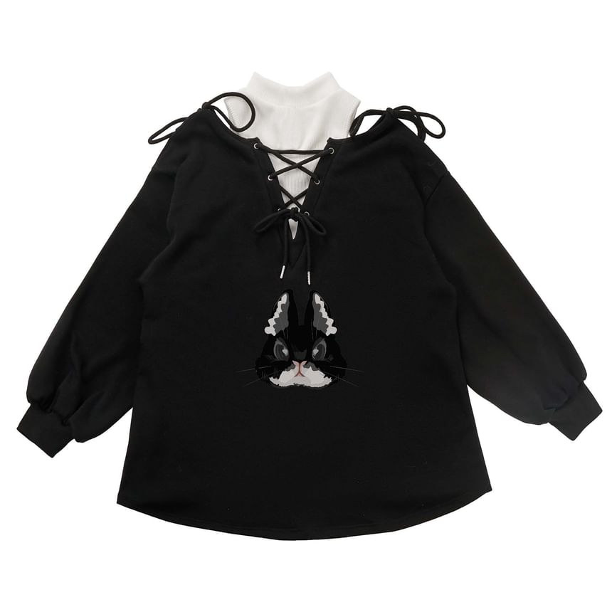 Florimi - Fleece cropped jack met kraagapplicatie en rits / Lange mouwen gebreide top met konijnenprint / Veterjack / Bootcut-broek / Broek met wijde pijpen