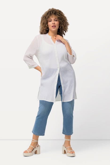 Longbluse, Krepp, Stehkragen, V-Ausschnitt, 3/4-Arm