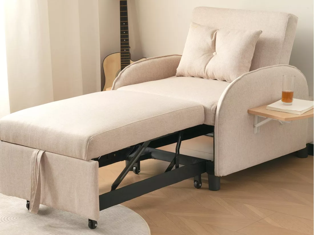 Fauteuil escamotable en lin - avec tables d'appoint pliantes - Beige