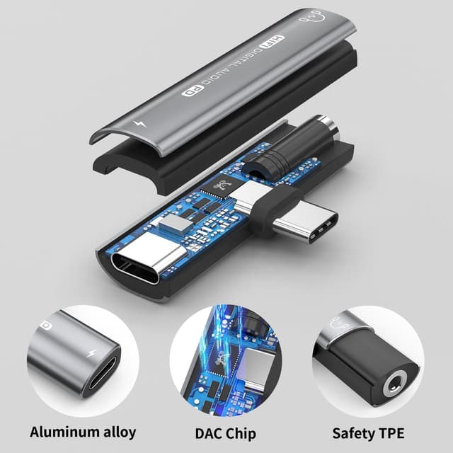 USB-C til 3,5 mm adapter til hovedtelefoner og oplader Grå