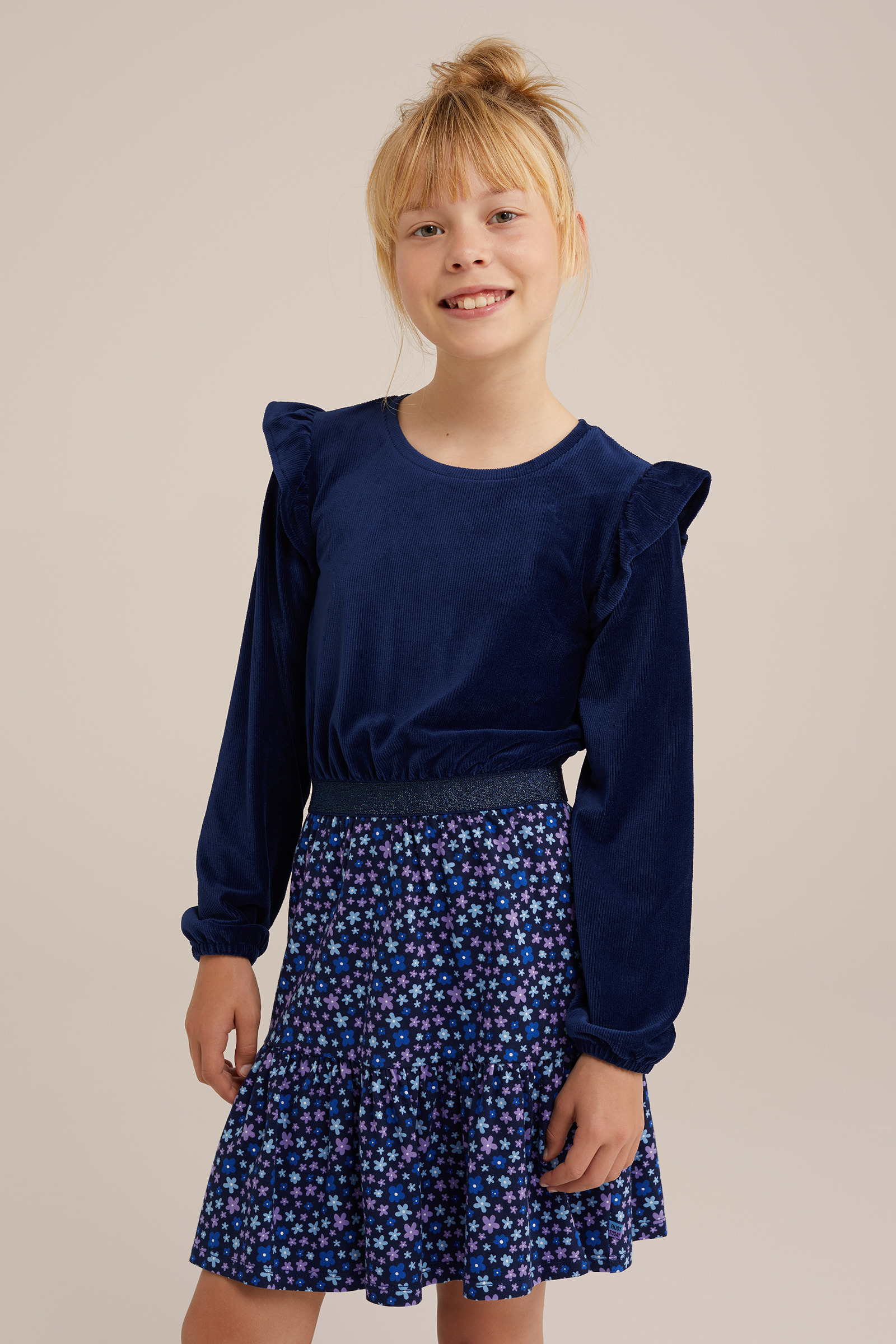 Meisjes velvet jurk met dessin WE Fashion Donkerblauw