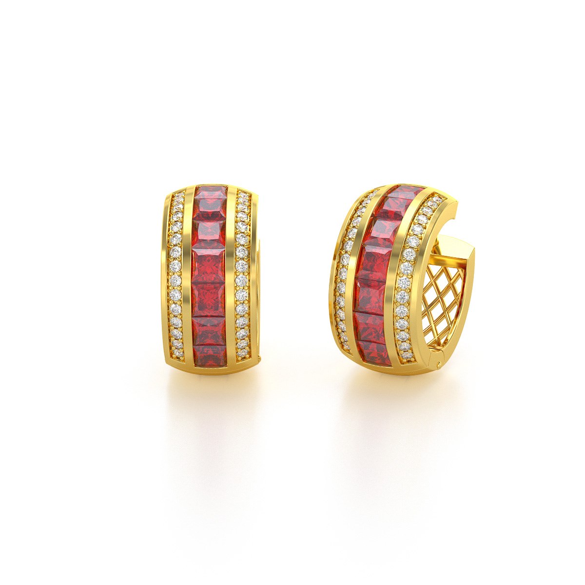 Boucles d'oreilles ADEN Or 585 Jaune Rubis et Diamants 7.35grs
