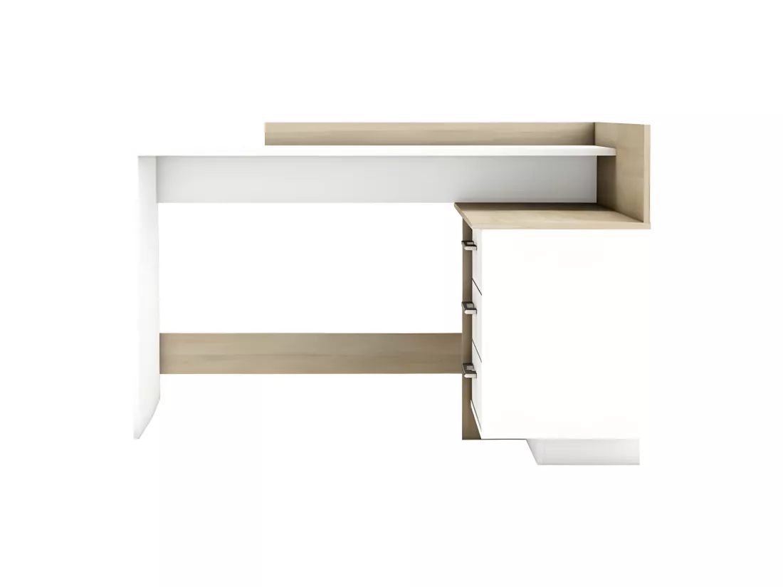 Bureau d'angle 3 tiroirs - Décor chene et blanc - L 128,5 x P 105,7 x H 83,2 cm - THALES