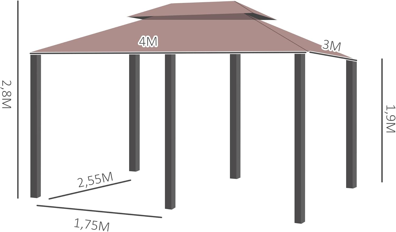Outsunny Pavillon 3x4m Gartenpavillon mit 6 Seitenteilen Partyzelt Gartenzelt Festzelt mit Doppeldach Khaki