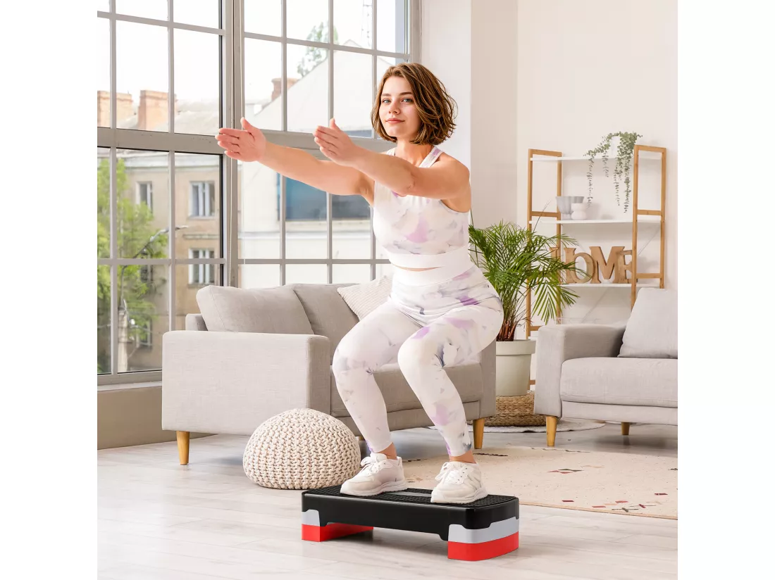 Stepper Fitness Aerobic hauteur reglable surface antiderapante dim. 68L x 29l x 10-15H cm plastique noir gris rouge