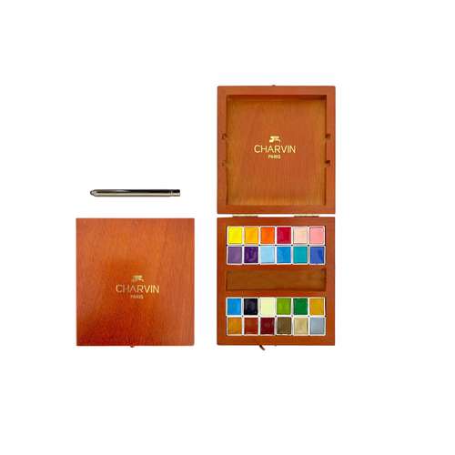 CHARVIN extrafeine Aquarellfarbe, 24 halbe Näpfchen, Holzkasten