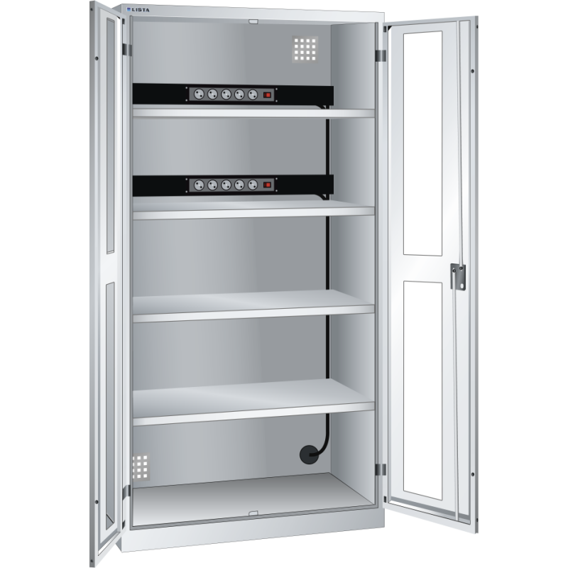 LISTA - Armoire charge batterie H 195 x L 100 x P 58 cm - 2 rampes électriques de 5 prises (230V) sur la paroi arrière