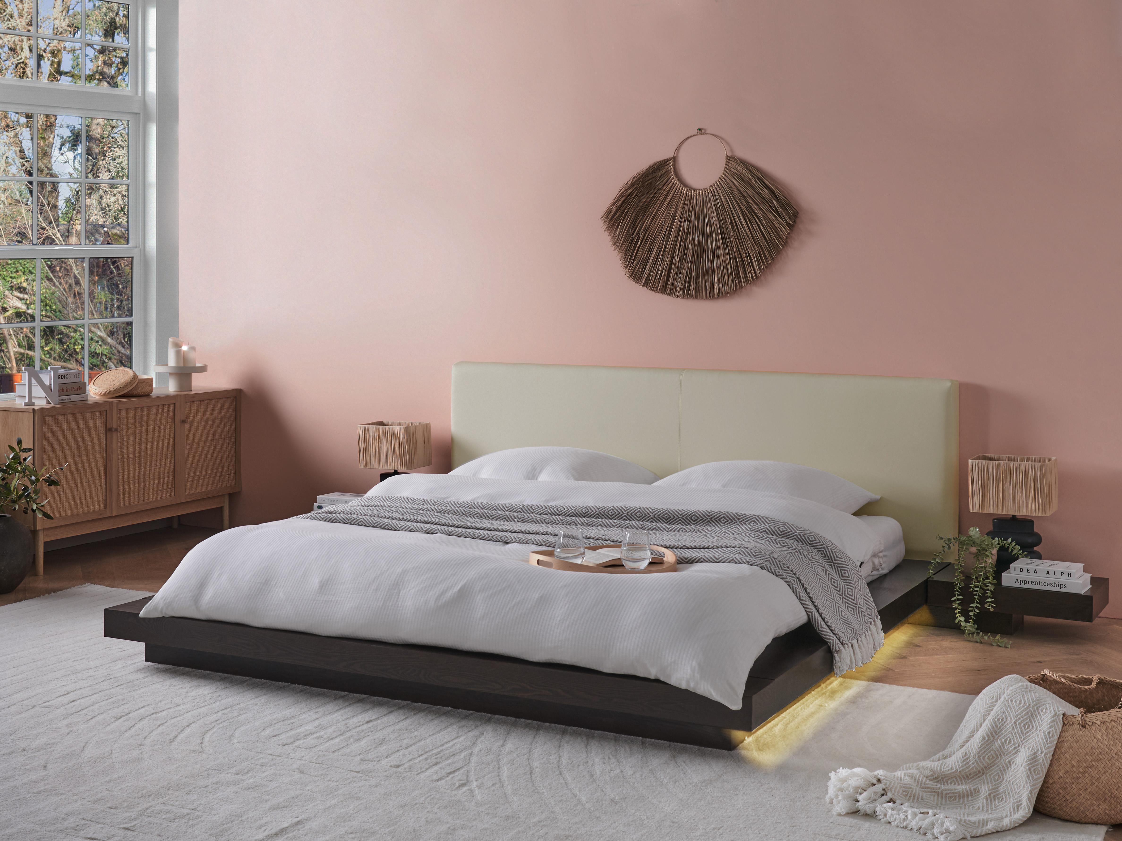 Bed met LED-verlichting Kunstleer ZEN 180 x 200 cm Donker essenhout