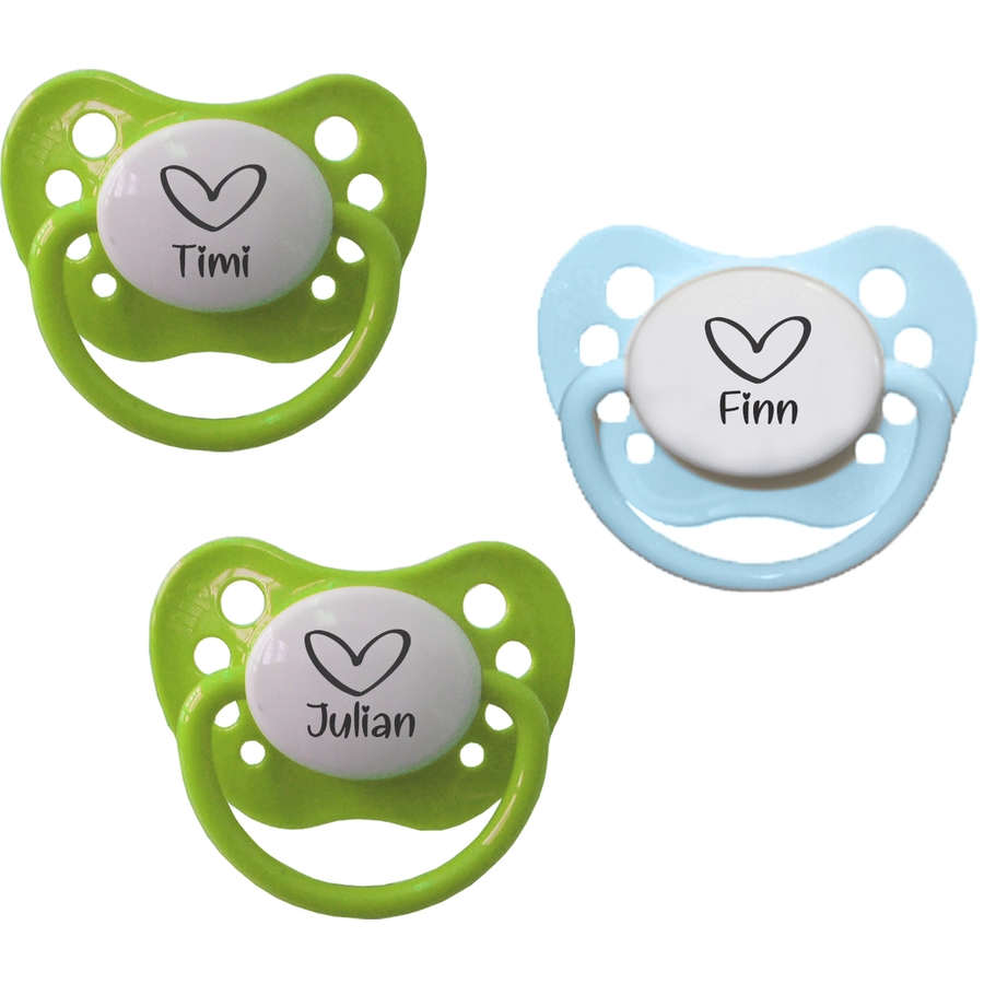 Schnullireich Schnuller mit Namen  Namensschnuller NIP Herz – 2er Set Blau