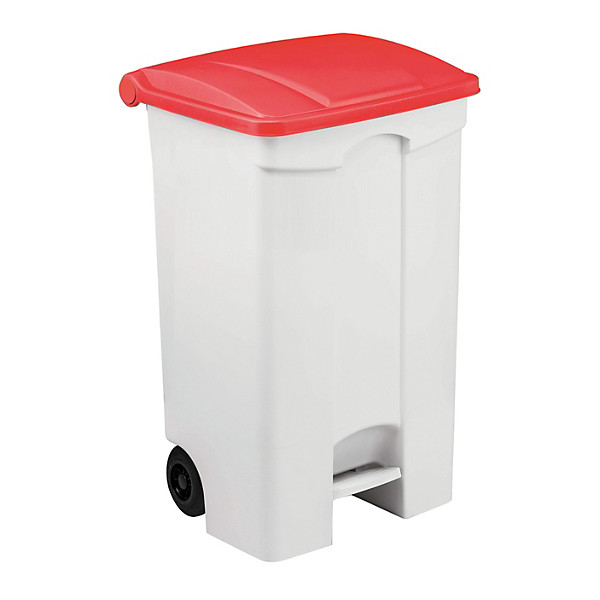 Conteneur mobile HACCP blanc à pédale 90 litres, couvercle rouge