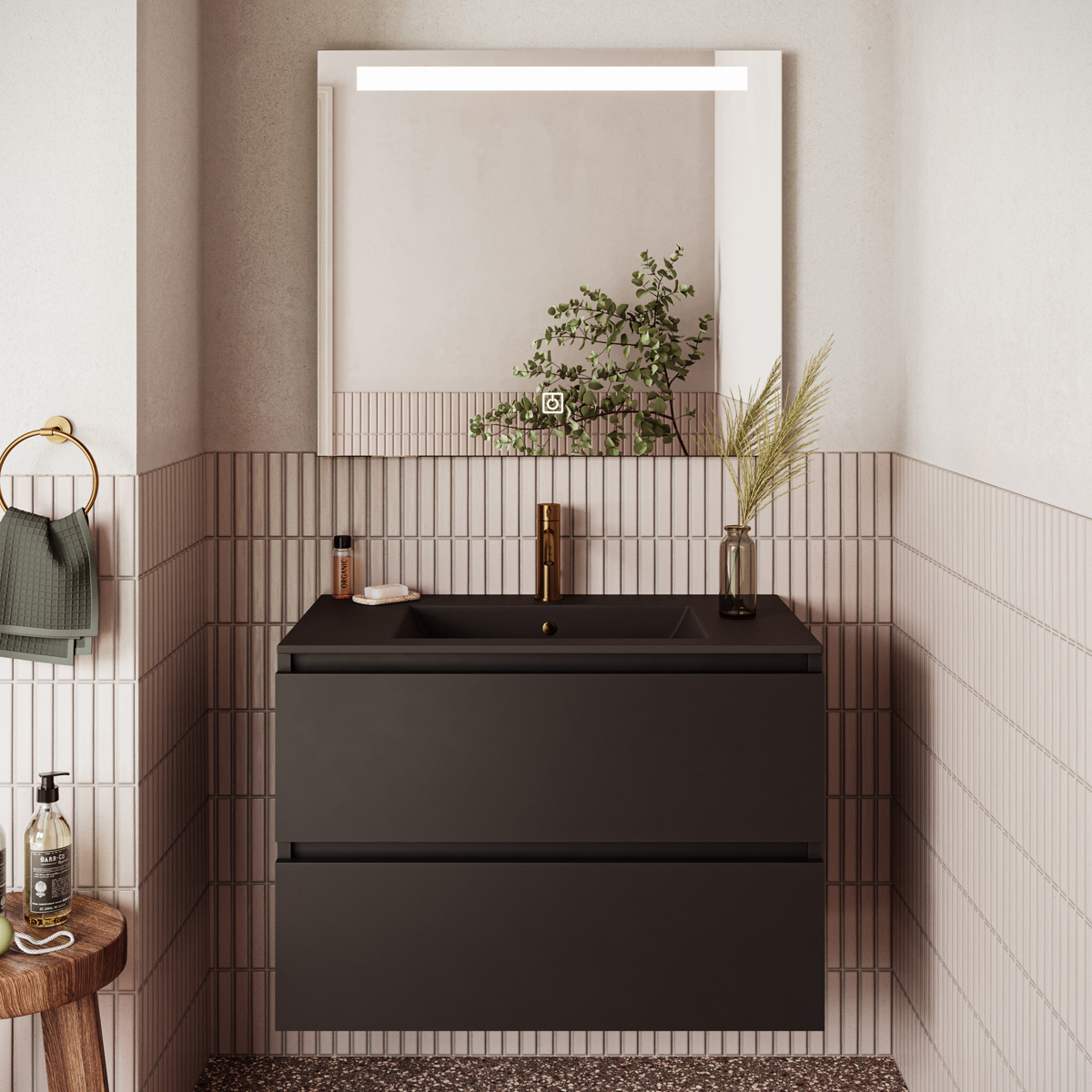 Fontana Rovigo badmeubel 80cm zwart mat met zwarte wastafel met kraangat en spiegel met verlichting