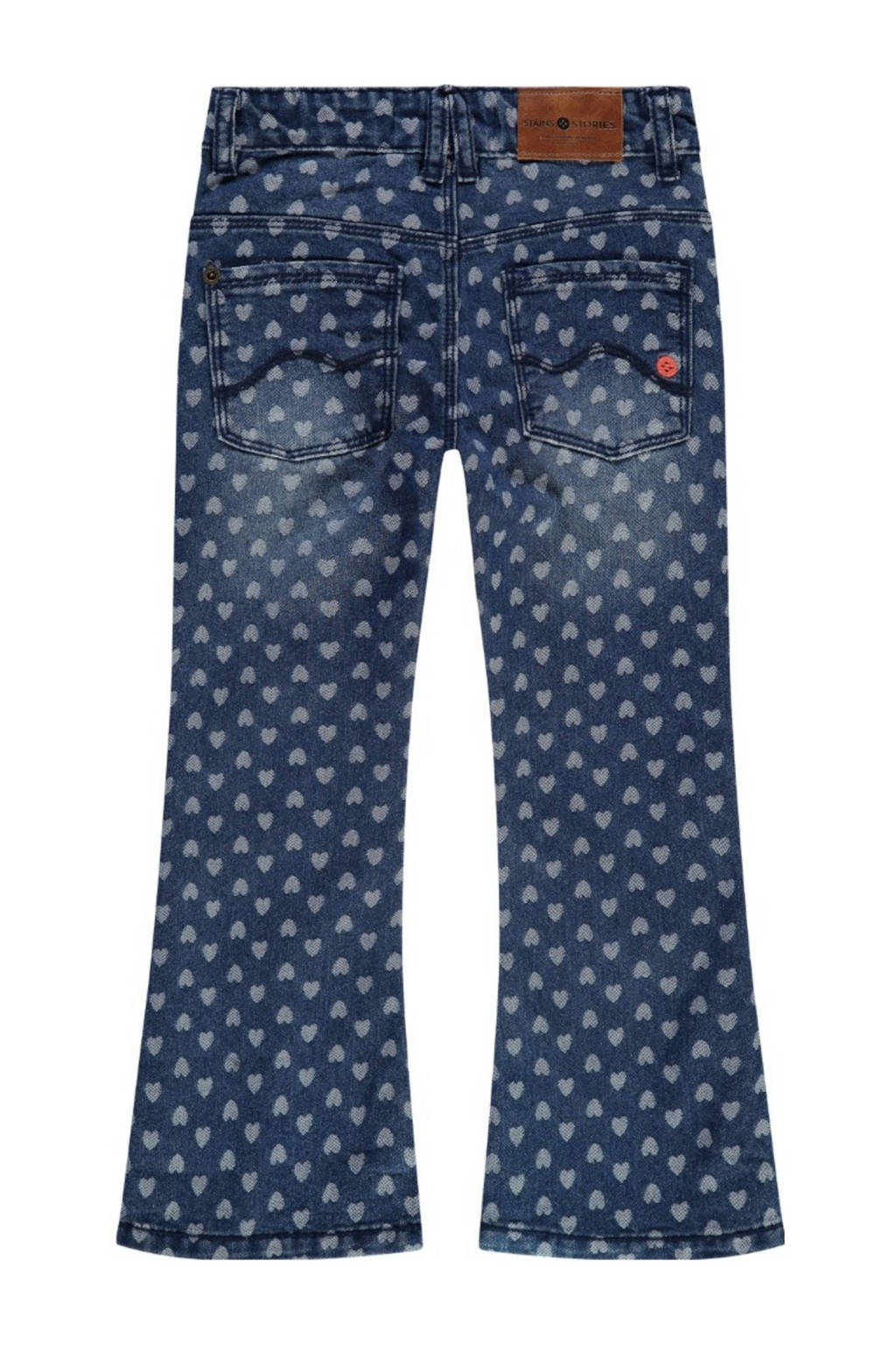 Stains&Stories flared jeans met all over print dark blue denim