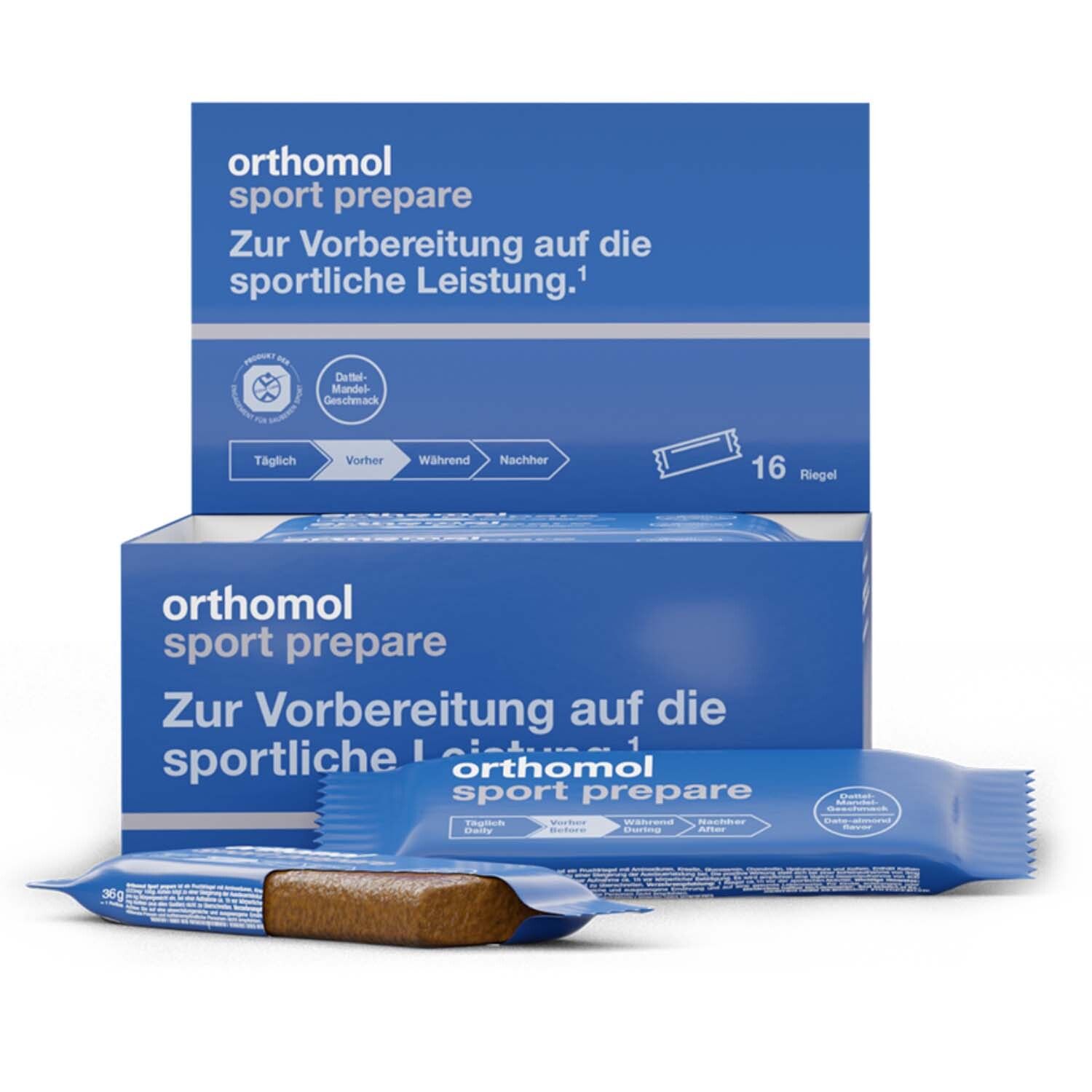 Orthomol Sport prepare - Fruchtriegel mit Kreatin, Koffein und BCAA - Einnahme vor dem Training - Schoko-Mandel-Dattel-Geschmack - Riegel