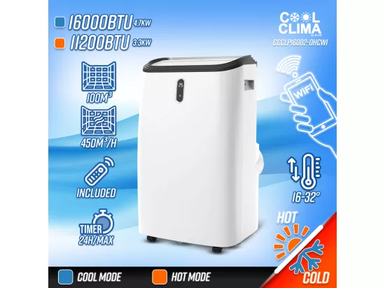 Climatiseur mobile réversible chaud/froid 16000BTU 4.7KW avec fonction Wifi et télécommande - Cool Clima