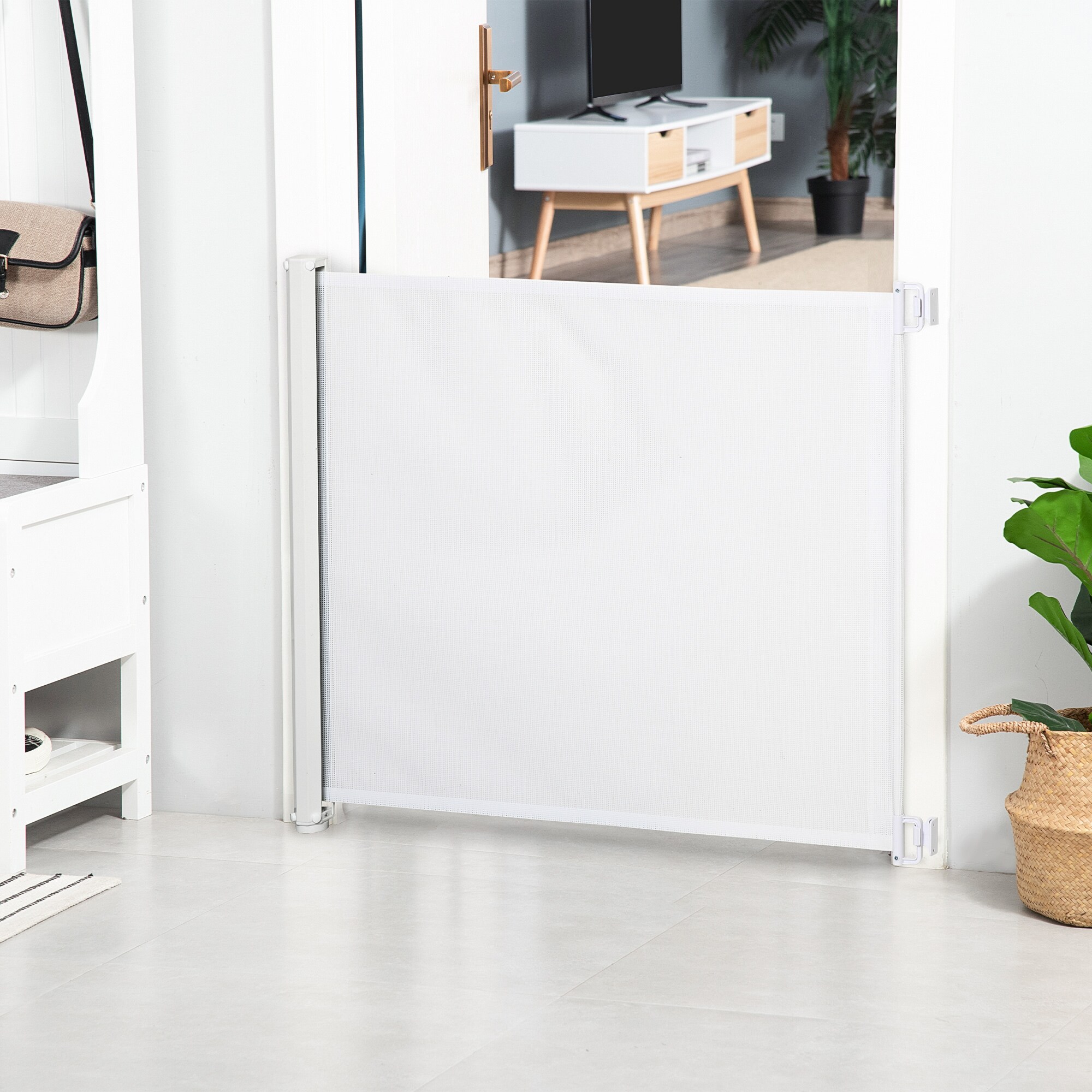 PawHut Hunde-Trennwand mit automatischer Aufrollenfunktion weiß 115L x 5,5B x 82,5H cm