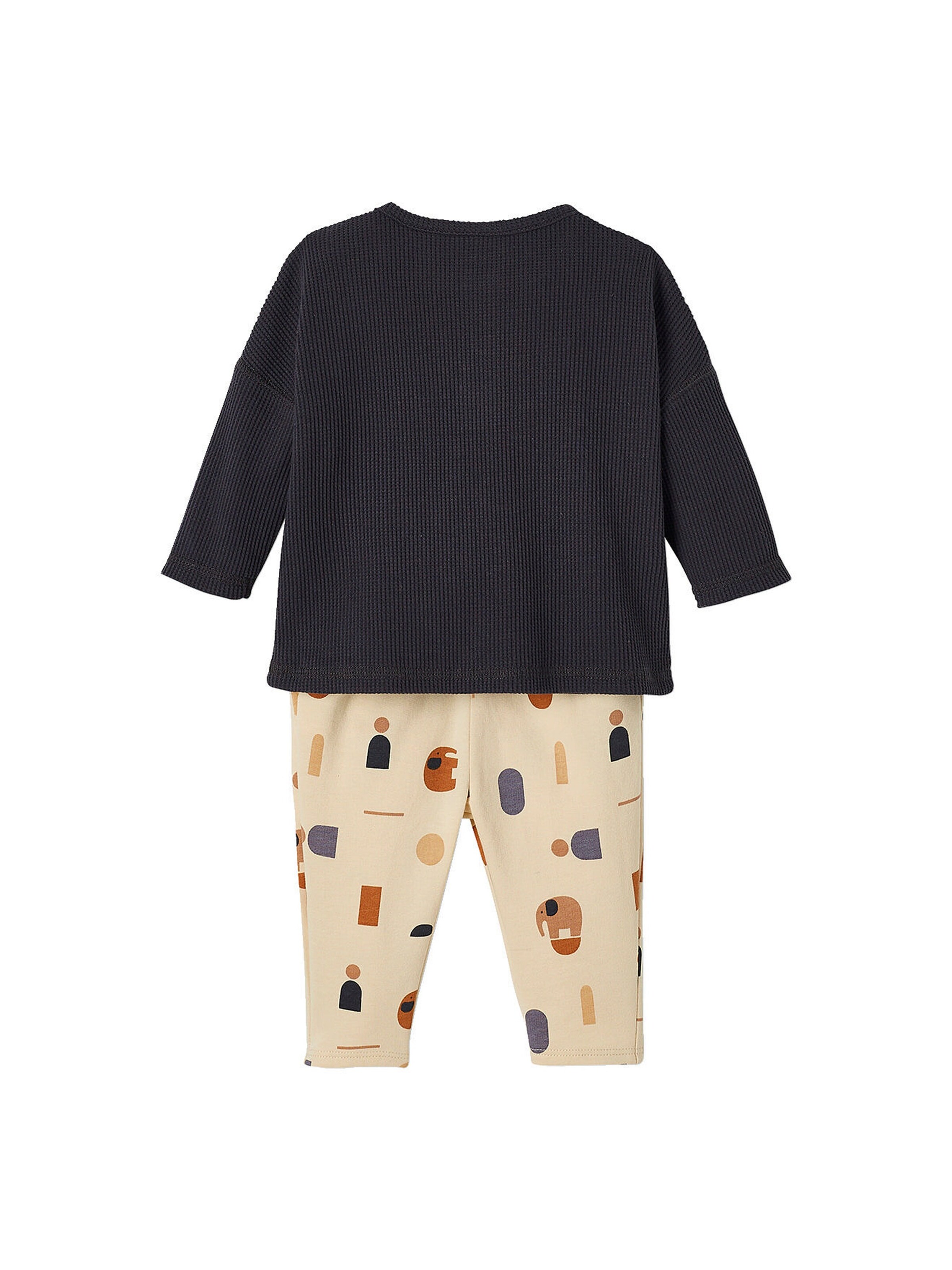 Vertbaudet Baby-Set: Shirt & Sweathose dunkelgrau/hellbeige bedruckt