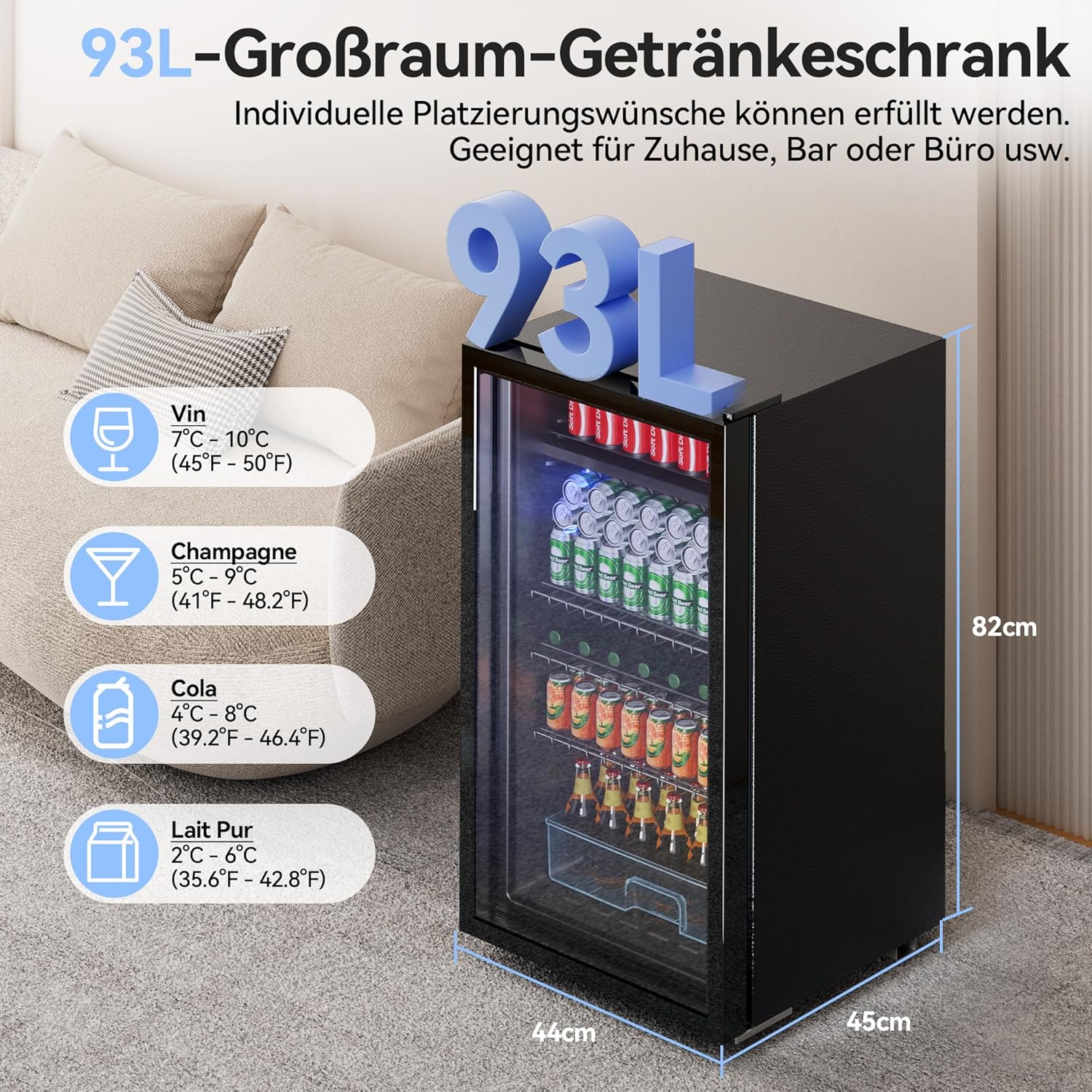 93L Getränkekühlschrank,Mini-Kühlschrank für 140 Dosen, mit Glastür kleiner Kühlschrank,LED | 3 Verstellbare Ablageböden für Soda/Bier/Wein | Perfekt für Homebar, Partys, Gastronomie