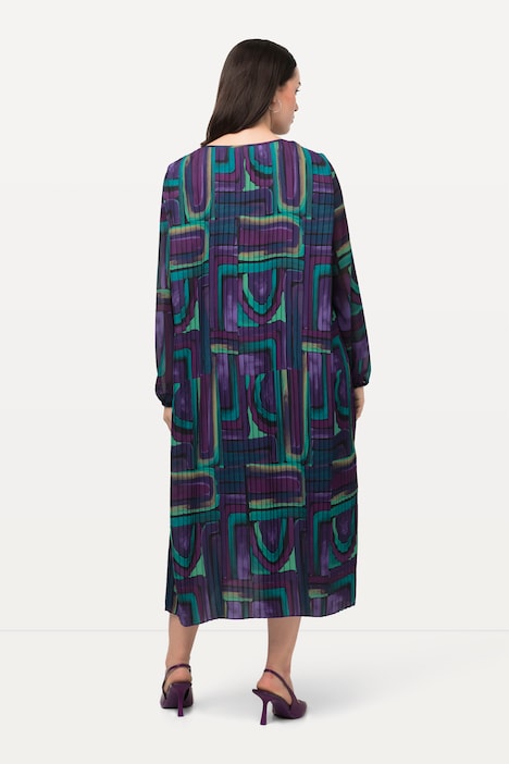 Plissee-Midikleid, A-Linie, Tunika-Ausschnitt, Langarm