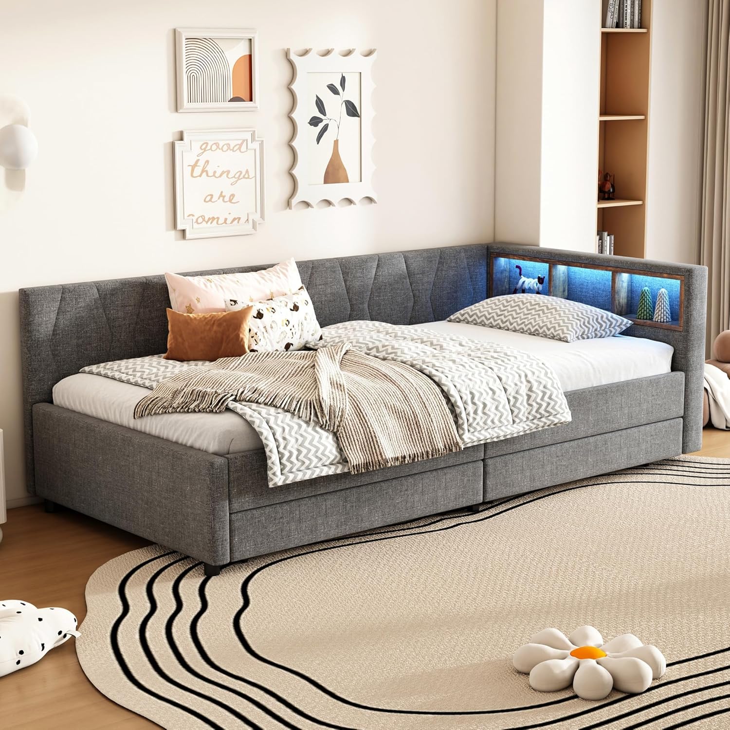 okwish Polsterbett Schlafsofa 90x200 cm Einzelbett, Daybett Funktionsbett mit LED & USB+TypC, Tagesbett Stauraumbett mit Schubladen, Gepolstertes Bettgestell mit Lattenrost, Leinen Grau, ohne Matratze