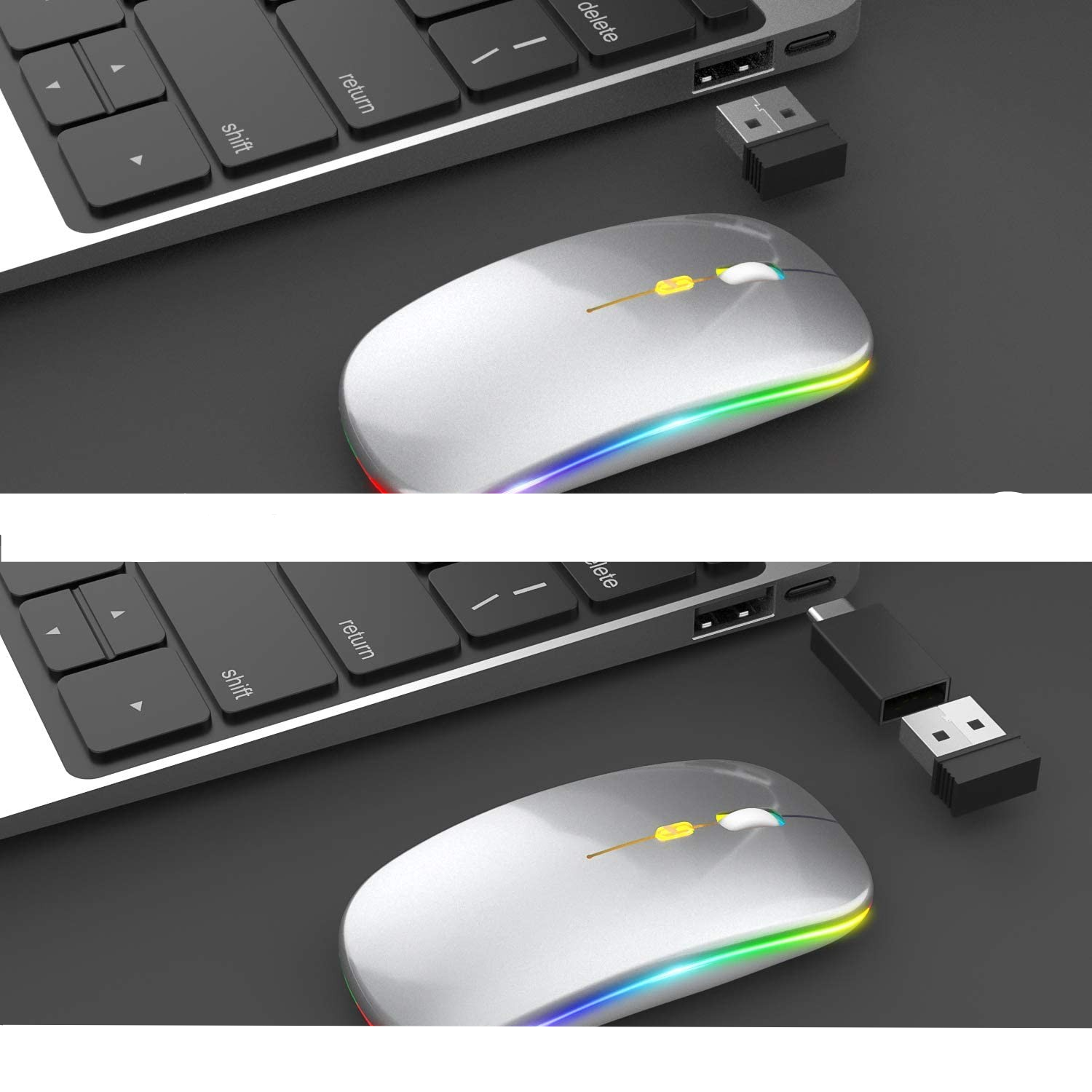 2.4GHz Optische Wireless Funk Maus 1200 DPI mit LED Beleuchtung mit 500mAh Akku   USB C Adapter - Silber