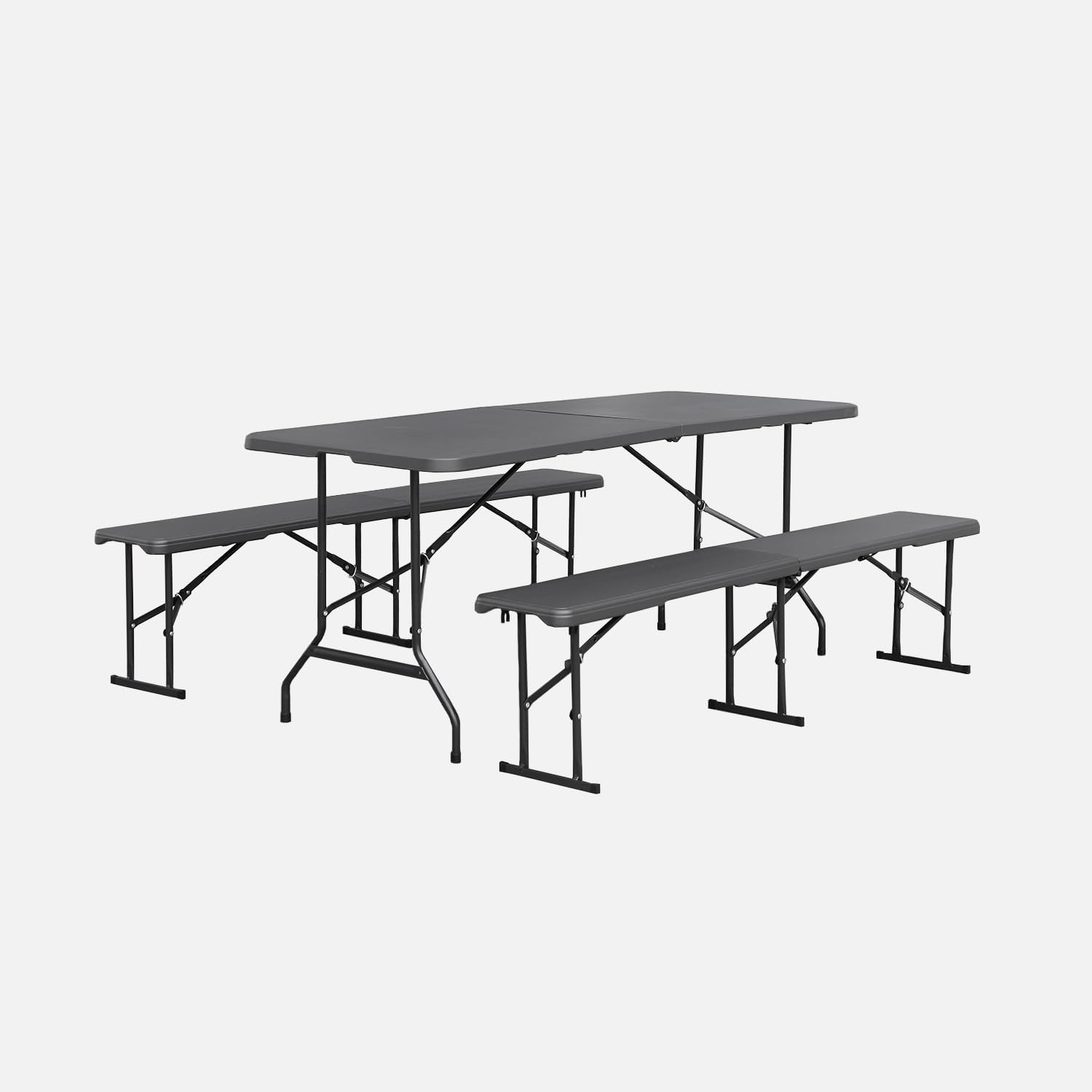 sweeek - 2er-Set Partytische 180 cm mit je 2 Bänken, klappbar, aus Stahl und Kunststoff - Fiesta