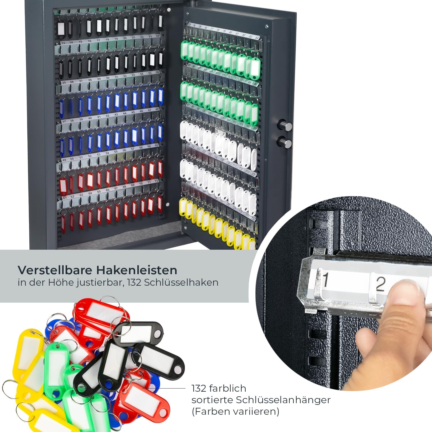 HMF Schlüsseltresor mit Zahlencode, Schlüsselsafe mit Elektronikschloss | 132 Haken | 66,5 x 43 x 13 cm | Anthrazit