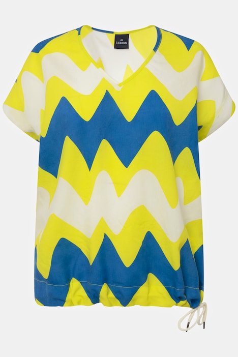 Bluse, oversized, Zackenmuster, V-Ausschnitt, Halbarm