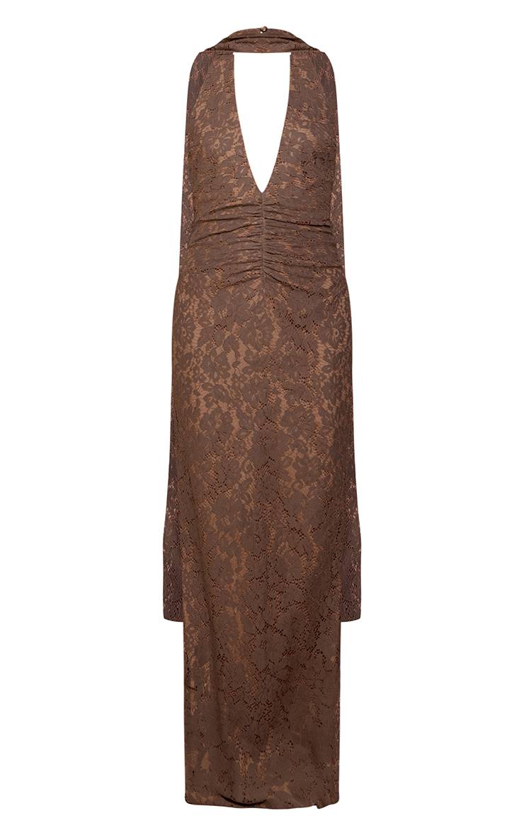 Deep Taupe Robe Longue Dos Nu En Dentelle Avec Encolure Licou Plongeante Et Détail Foulard