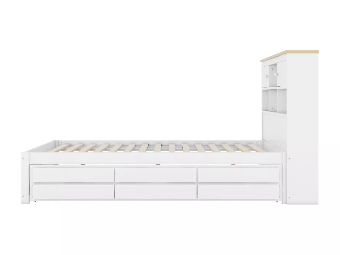 Lit gigogne 140x200cm+90x190cm, avec 3 tiroirs, avec sommier à lattes et tête de lit avec plusieurs rangements, blanc