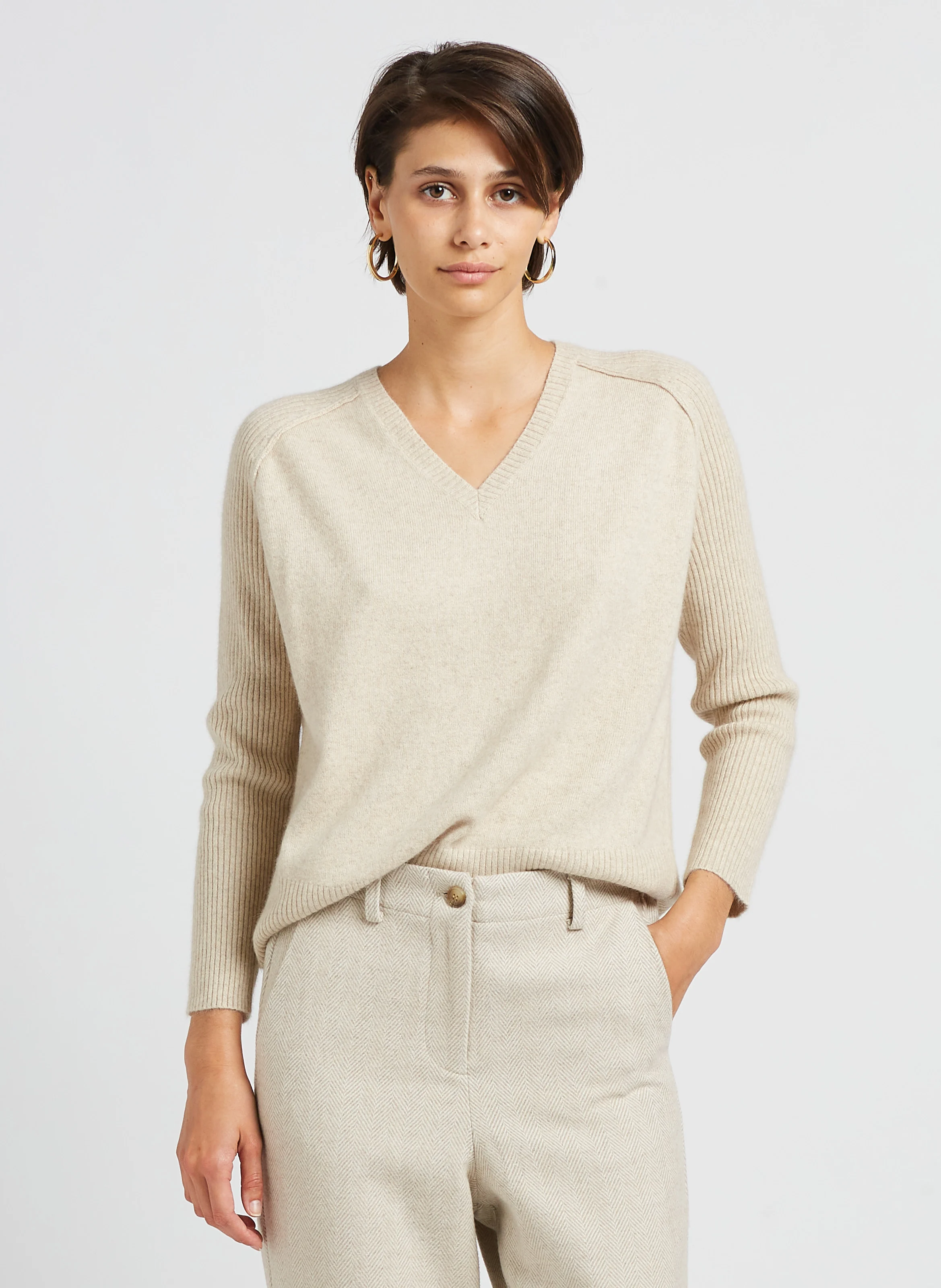 SEPTEMBRE - Pull ample col v en laine mélangée | Beige