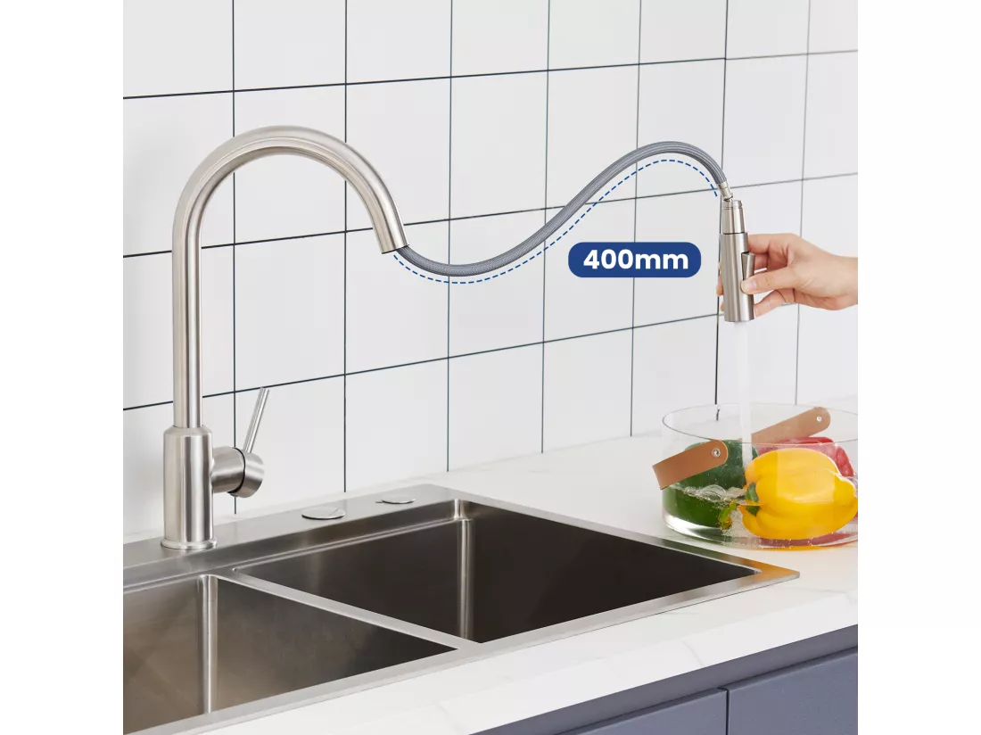 Cecipa max Évier Cuisine 1 Bac 60×45×18CM Évier Inox Brossé avec Panier de Drainage + Mitigeur avec Douchette Extractible - 2 Modes de Sortie D'eau