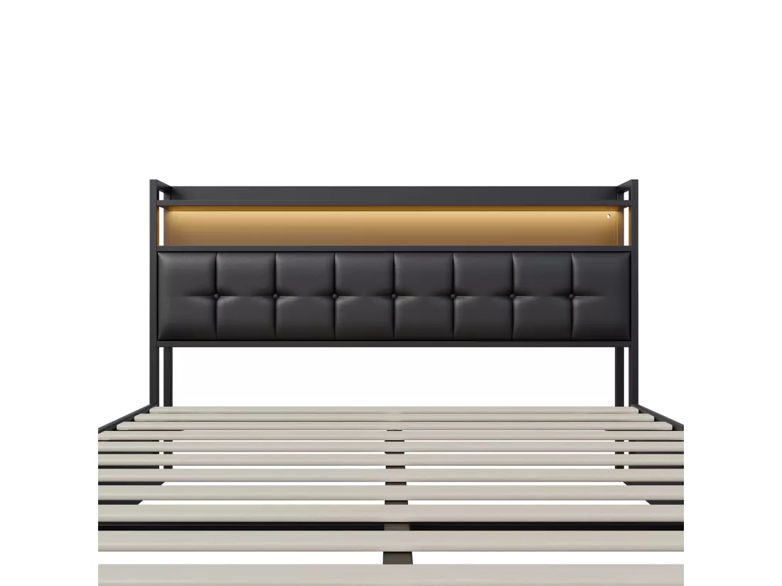 Lit coffre rembourré 160x200cm en tissu de pu - avec LED et port de charge - avec sommier à lattes - Noir