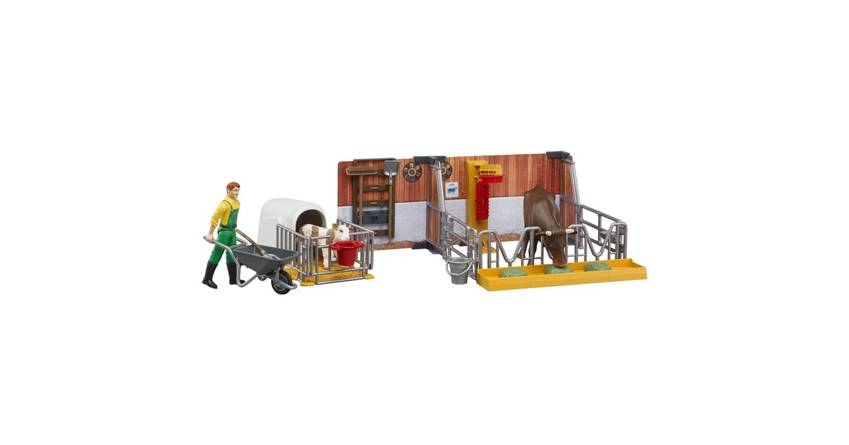 bruderbworld Koeienstal met kalfje en boer Decors  (62611)