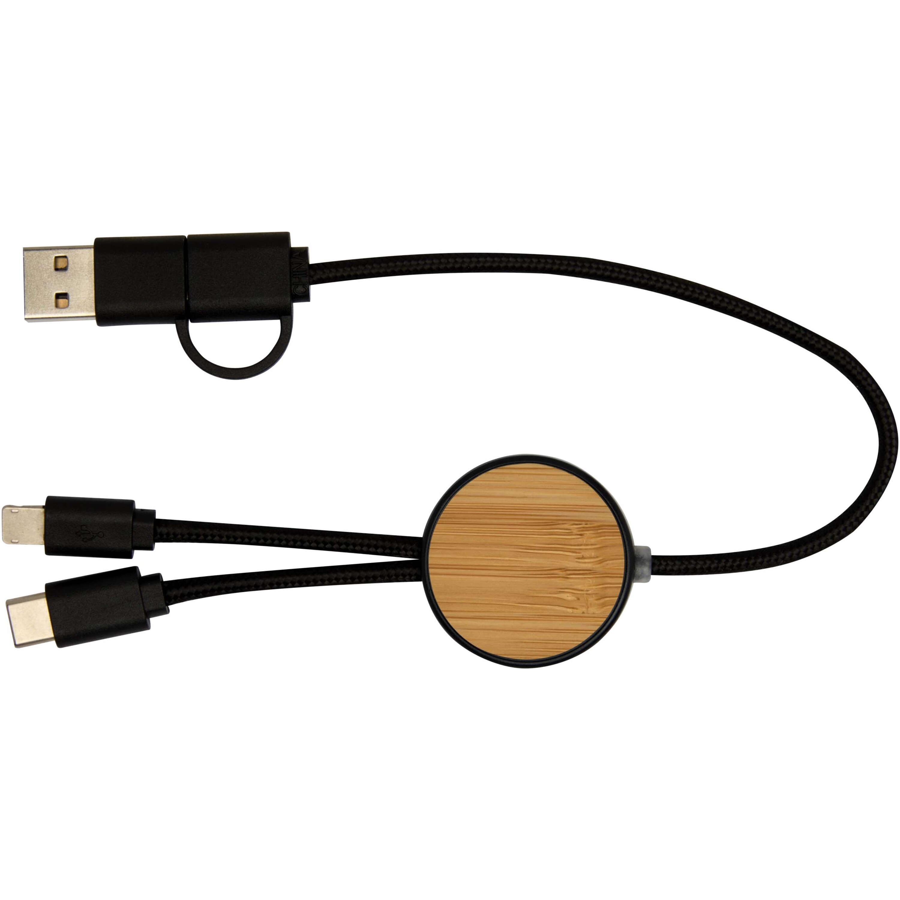 PF Concept 124421 - Câble 5 en 1 Chechia en plastique recyclé de 30 cm pour la synchronisation des données et la charge rapide de 27 W avec détails en bambou