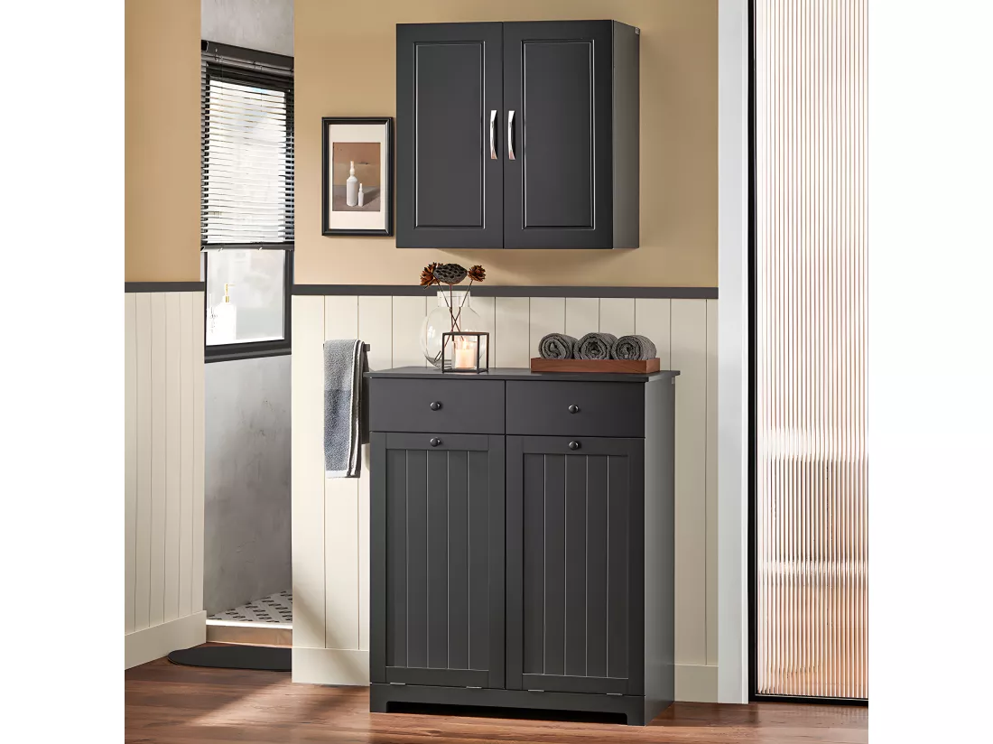 SoBuy Meuble Bas de Salle de Bain Armoire Toilette avec 2 Tiroirs et 2 Paniers à Linge Meuble de Rangement Coffre à Linge L78xP38xH91cm, Noir, BZR33-SCH
