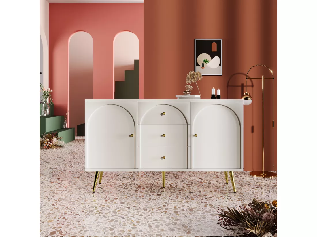 Commode avec 2 portes et 3 tiroirs, 140 x 40 x 84 cm, Panneaux de particules + métal, Blanc crème
