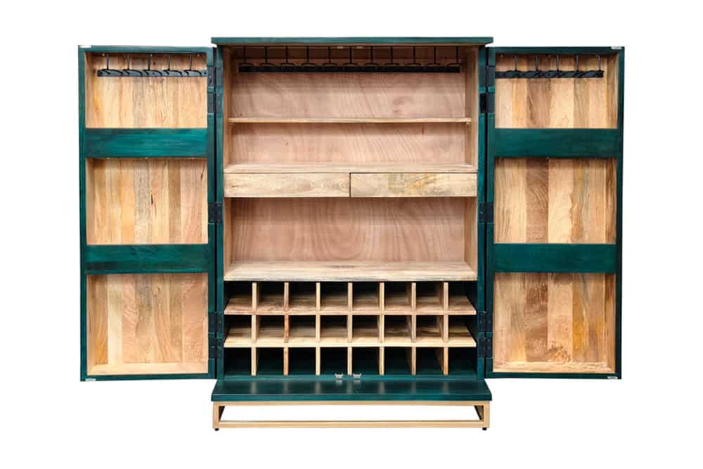 Handgearbeiteter Barschrank GOLDEN SUNSET 140cm türkis Mangoholz massiv