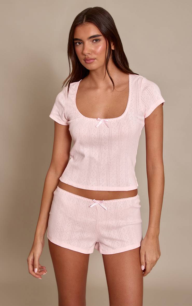 Rose Bébé Short De Pyjama Mini Ajusté Pointelle À Motif Fleuri Blanc