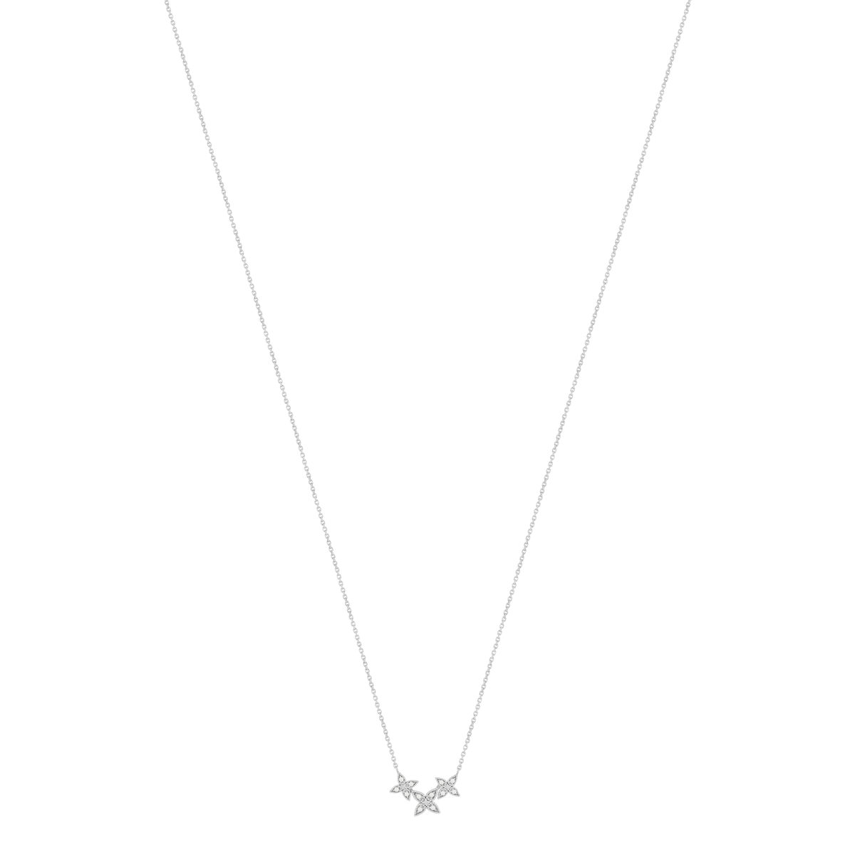 Collier or blanc 375, diamants. Motif fleurs. Longueur 42 cm.