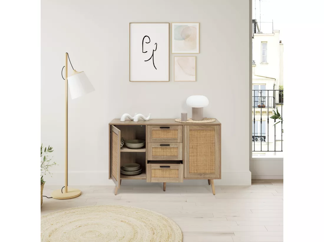 Buffet Dalia 3 tiroirs et 2 portes couleur chêne, 120 cm longueur