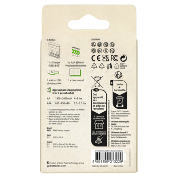 GP Batterijlader 411   4x oplaadbare batterijen AAA 850mAh ReCyko   Micro USB-lader