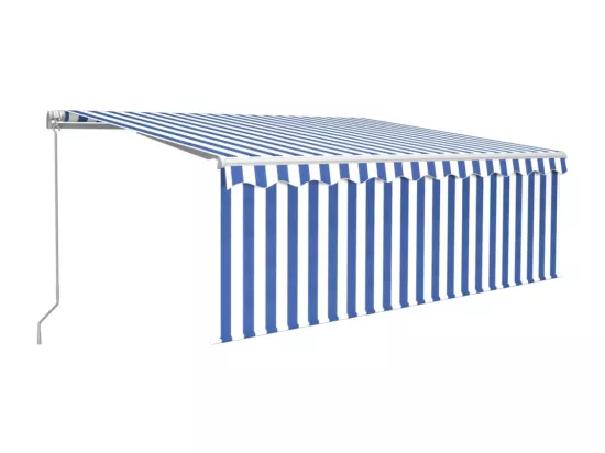 Auvent manuel rétractable avec store et LED 4x3 m Bleu et blanc